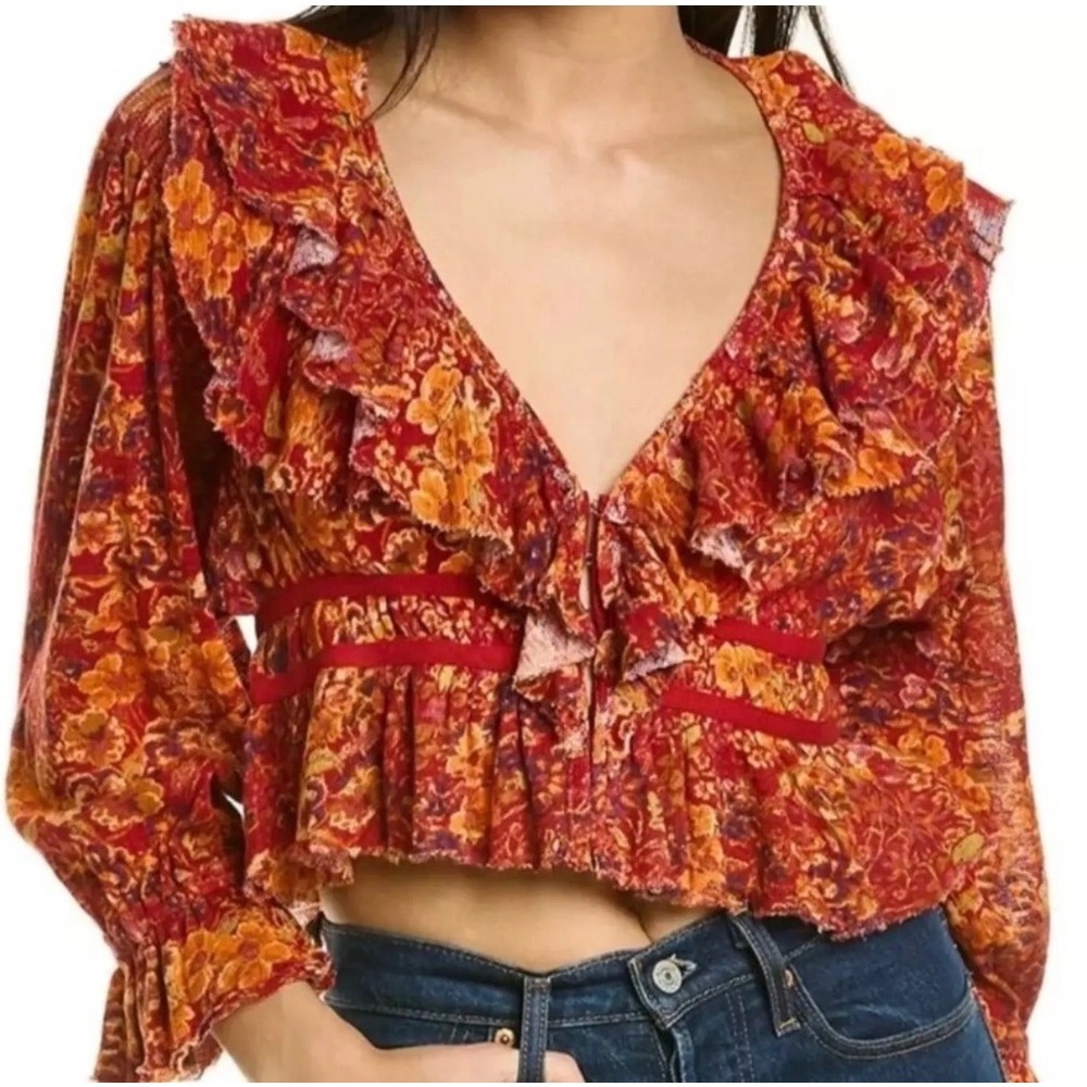 Free People Rudi Ruffle Top Floral Boho Crop Blouse Red Small Cotton